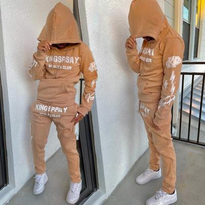 China Breathable wholesale sweat jogger suits two piece set puff print 100% cotton slim fit winter men streetwear sweatsuit stacked tracksuit for sale