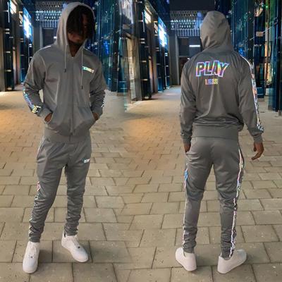 China Breathable Custom heavyweight sweatsuit two piece jogging track suits set slim fit cotton polyester zipper 3m reflective tracksuit for men for sale