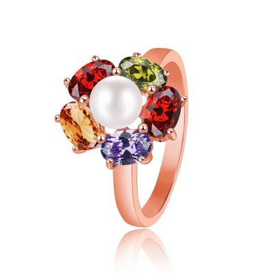 China Wholesale Vintage 2020 Trendy Rose Gold Plated Flower Pearl Rainbow Zircon Ring For Women Gift for sale