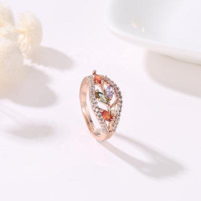 China TRENDY Rainbow Zircon Ring Leaf Shape Rose Gold Plated Fashion Women Adjustable Ring for sale