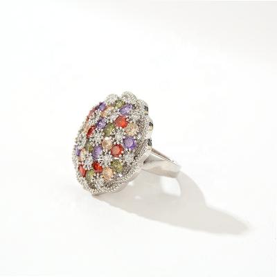 China FASHIONABLE Engagement Rainbow Zircon Ring Flower Shape White Gold Plated Big Ring For Women for sale