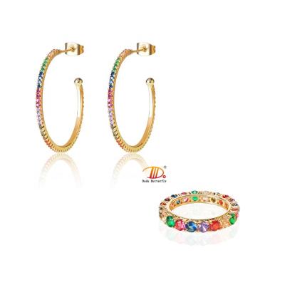 China CLASSIC Colorful Gold Plated Jewelry Rainbow Zirconia Earring Set Cubic Zirconia Ring Jewelry Set for sale