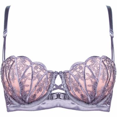 China QUICK DRY embroidered lace lingerie half shell cup bra push up gathered underwire bra for sale