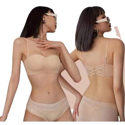 China Antibacterial new summer beauty back strapless underwear, non-slip and breathable large bra set without underwire gathering for sale