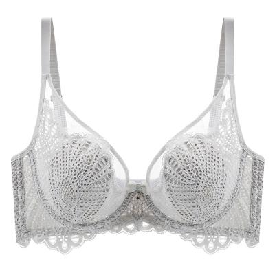 China QUICK DRY thin non sponge back style gathered soft steel ring big chest show adjustable small millimeter closed breast underwear women's lace bra for sale