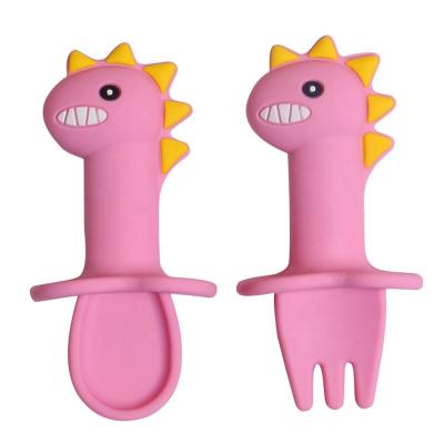 China Factory Sale BPA Free Silicone Tableware Hot Sale Silicone Baby Shape Dinosaur Soft Spoon and Fork Set for sale