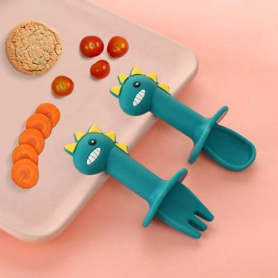 China Amazon Hot Sale Silicone BPA Free Baby Training Tableware Food Grade Silicone Baby Free Silicone Spoon and Fork Feeding Set for sale