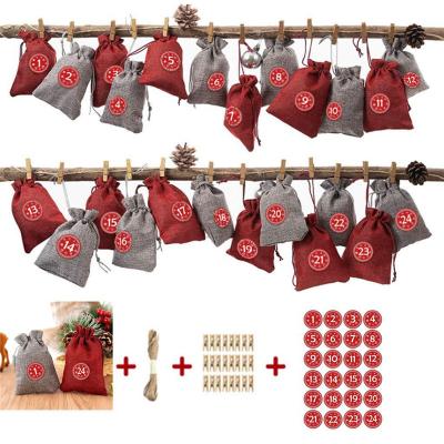 China Small Christmas Canvas Ornaments Drawstring Bag SJ0926 24 Pieces Red Advent Canvas Banners for sale