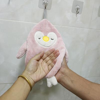 China Hot Selling New Products Wholesale Kid Safe Microfiber Penguin Embroidered Fleece Coral Household Cleaning Small Hand Towel for sale