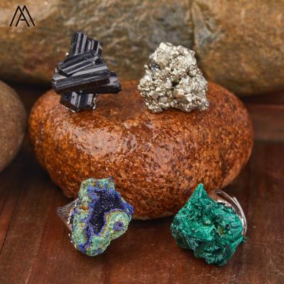 China Vintage Minreral Rings, Designer Men Ring, Silver Plated, Natural Rock Tourmaline Malachite Pyrite Chessylite Stone Jewelry for sale