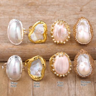 China CLASSIC Elegant Rings Women Jewelry, Natural Baroque Pearl Gold Rings, Rhinestone, Adjustable, Wedding Party Gift for sale