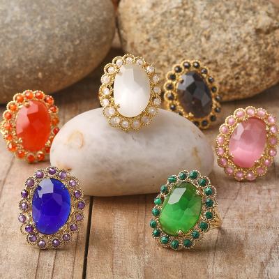 China Boho Style CLASSIC Gold Rings For Women Party Jewelry, Adjustable Cat Eye Bead Healing Chakra Bands Fashion Gift for sale