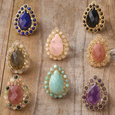 China CLASSIC Teardrop Rings, Natural Gem Stone Bead Healing Crystal Engagement Jewelry for Women, Amethyst Labradorite Boho Gifts for sale