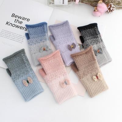 China LIANSHOU Factory Adult Women Touch Screen Half Finger Warm Plus Fleece Winter Gloves With Simple Soft Bow Design for sale