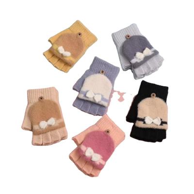 China Lady Winter Warm Touch Delicate Screen Jacquard Factory Fashion Convertible Fingerless Glove with Mitten Cover and Delicate Bow Design for sale