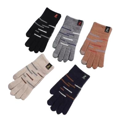 China LIANSHOU jacquard factory adult men's winter warm plus fleece full five finger touch screen gloves and simple straight line jacquard pattern for sale