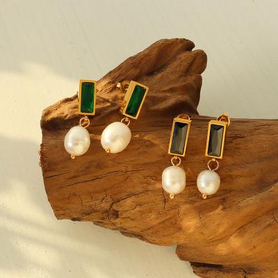 China TRENDY Elegant fashion square inlaid black or emerald zircon Freshwater natural pearl drop stud earrings for sale