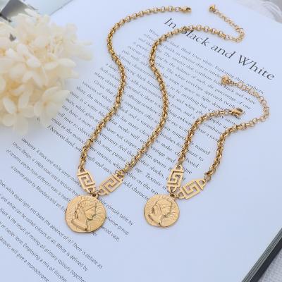 China FASHIONABLE Round Head Relief Minority Women Retro Stainless Steel Necklace Bracelet Pendant Jewelry Set for sale