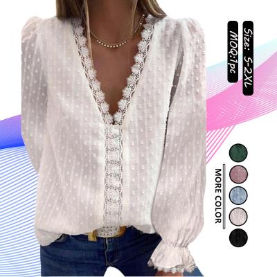 China Wholesale Embossed Button Anti-pilling 2022 Turn-Down Blouse Through Collar Long Sleeve Shirt Fashion Tops Women's Clothing Boutique for sale