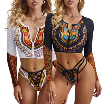 China 2022 Patterns Printing Breathable Wholesale Fitness Swimwear For Women Zipper-up Long Sleeve Swimsuit for sale