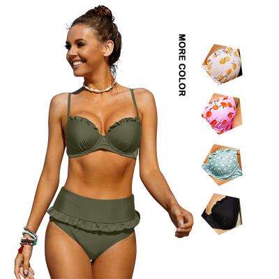 China Wholesale Breathable Lady Green Ruffled Detail Summer Swimwear Cheap Waist Bikini Top for sale