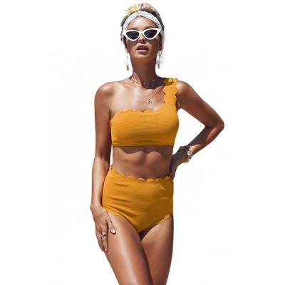 China Breathable Wholesale High Waist Scalloped Trim One Shoulder Bikini Women Loose for sale