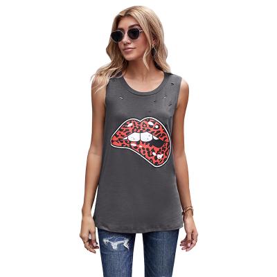 China Trendy Anti Shrink Summer Leopard Lips Print Distressed Friend Women Short Tank Top for sale