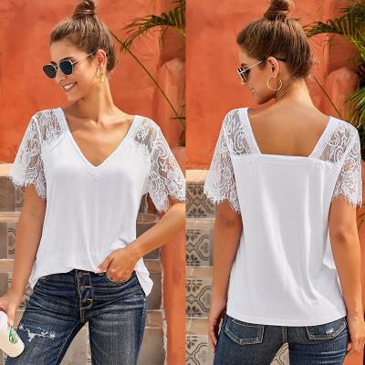 China Anti-pilling Lady's Deep V-Neckline Fashion Summer Casual T-shirt Lace Up Short Sleeve Cotton Plain Women Fashion Tops for sale