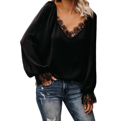 China Wholesale Anti Shrink Spring Tops Full Sleeves Tee Patchwork Satin Lace Blouse For Women for sale