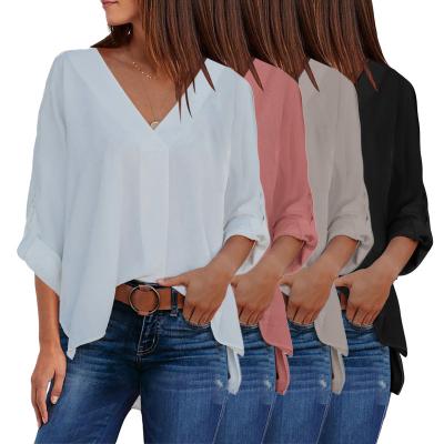 China Wholesale fashion anti-pilling tops women's clothing solid color V-neck 3/4 sleeve edge high-low women's shirt for sale