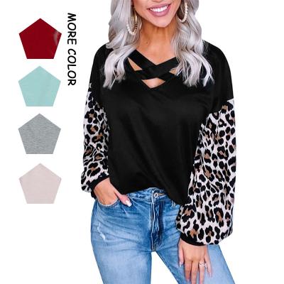 China 2021 New Design Fashion Breathable Wholesale Leopard Criss Cross V-neck Long Sleeve Women Blouse for sale