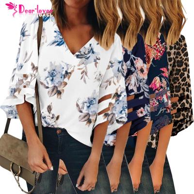 China Anti-pilling 2021 latest design tops for women 3/4 flared white sheath floral blouse ladies for sale