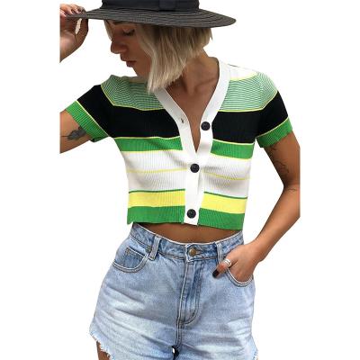 China 2021 New Fashion Women's Green Color Block Anti-pilling Knit Cropped Sleeve Button Crop Tops Tops for sale