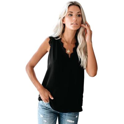 China Anti-pilling Women Eyelash Lace Patchwork Casual Black V-Neckline Sleeveless Tank Top for sale