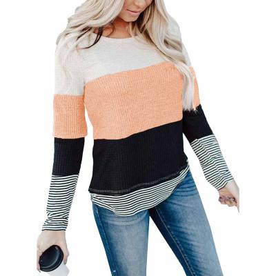 China Anti-pilling Women's Long Sleeve T-shirt Crewneck Sweatshirt Color Block Casual Sweater Jumper Tops for sale