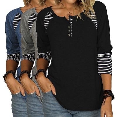 China Wholesale Ladies Anti-pilling Pullover Striped Henley Shirts Fashion Long Sleeve Blouse Lightweight Plain Tops For Women for sale