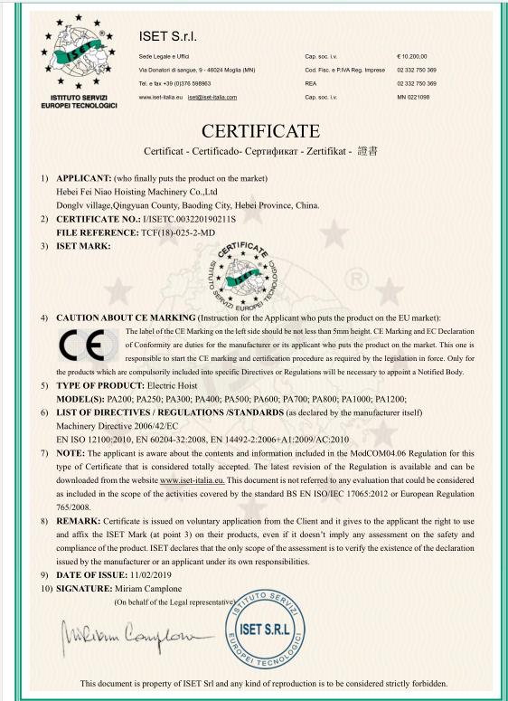 CE - Hebei Fei Niao Hoisting Machinery Co., Ltd.