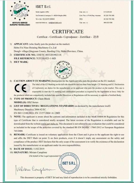 CE - Hebei Fei Niao Hoisting Machinery Co., Ltd.