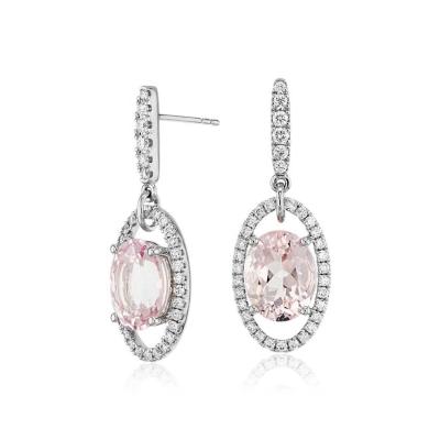 China 925 Sterling Silver Women Earrings Fashion Jewelry Classic Oval Cut Morganite and CZ Dangle Earrings for sale