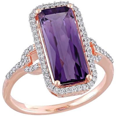 China Raw Natural Amethyst Ring Rose Gold Gemstone Jewelry Amethyst Birthstone Diamond Halo CZ Color Natural Jewelry for sale