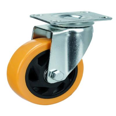 China Rigid Medium Duty Yellow Tread 75mm PP PVC Core Galvanized Rotary Plate Caster Wheel for sale