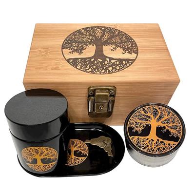 China Viable Combo Smell Proof Wooden Tree Pattern Stash Box Stash Box With Grinder And Pot for sale