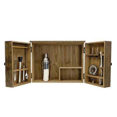 China Bartender Stocked Cabinet with 10 Piece Rustic Bar Tools Kit Brown Cocktail Shaker Set Box Kit for sale