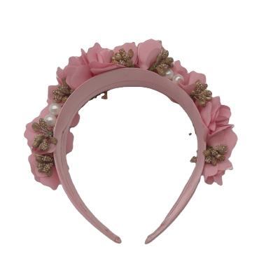 China Custom Handmade Elastic Pearl Embellished Headband Environmental Friendly Rose Flower Headband For Girls Embellishment for sale