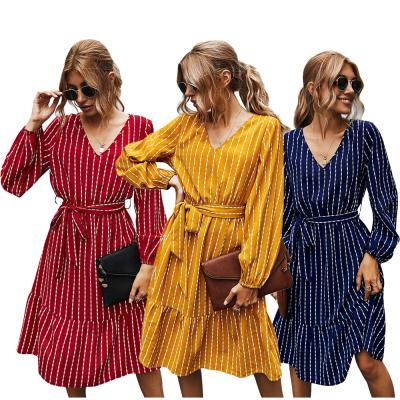 China Striped Casual Dresses Women Navy V Neck Belt Summer Anti-Static Striped Elegant Casual Dress V Neck for sale