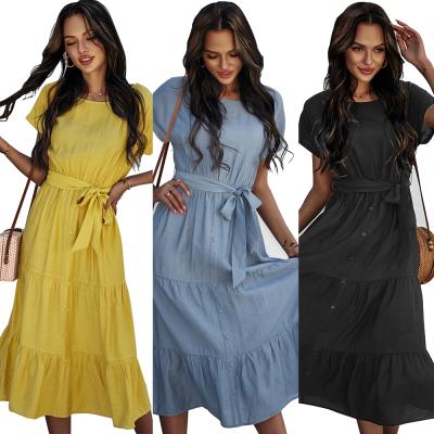 China Simple Breathable Waist Solid Color Elegant Dress Women With Belt 2021 Spring And Summer Casual Outfits for sale