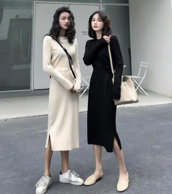 China High Quality Anti-Static Tie Knit Dress For Women Korean Style Women Knitted Dress Slit Above Knee Knit Slim Dress for sale