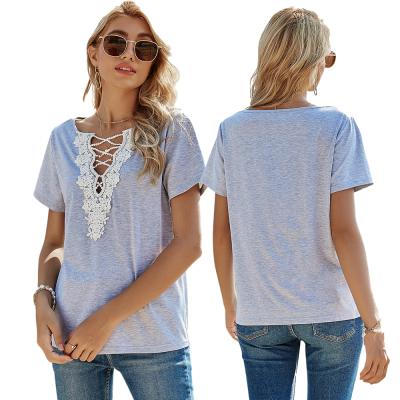 China Anti-pilling V-neck lace up lace top crop top hollow neck T-shirt crew neck T-shirt blouse solid color for sale