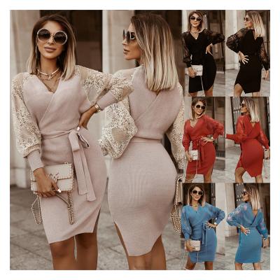 China Wholesale Anti-static Lace Sweater Dress Women Clothing Mini Ribbed Casual Wrap Knitted Sweater Dress for sale