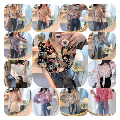 China 22022 Floral Print Women Long Sleeve Collar Stand Collar Front Causal Tie Front Button Blusa Breathable Top Shirt Blouse Ladies V-Neckline for sale